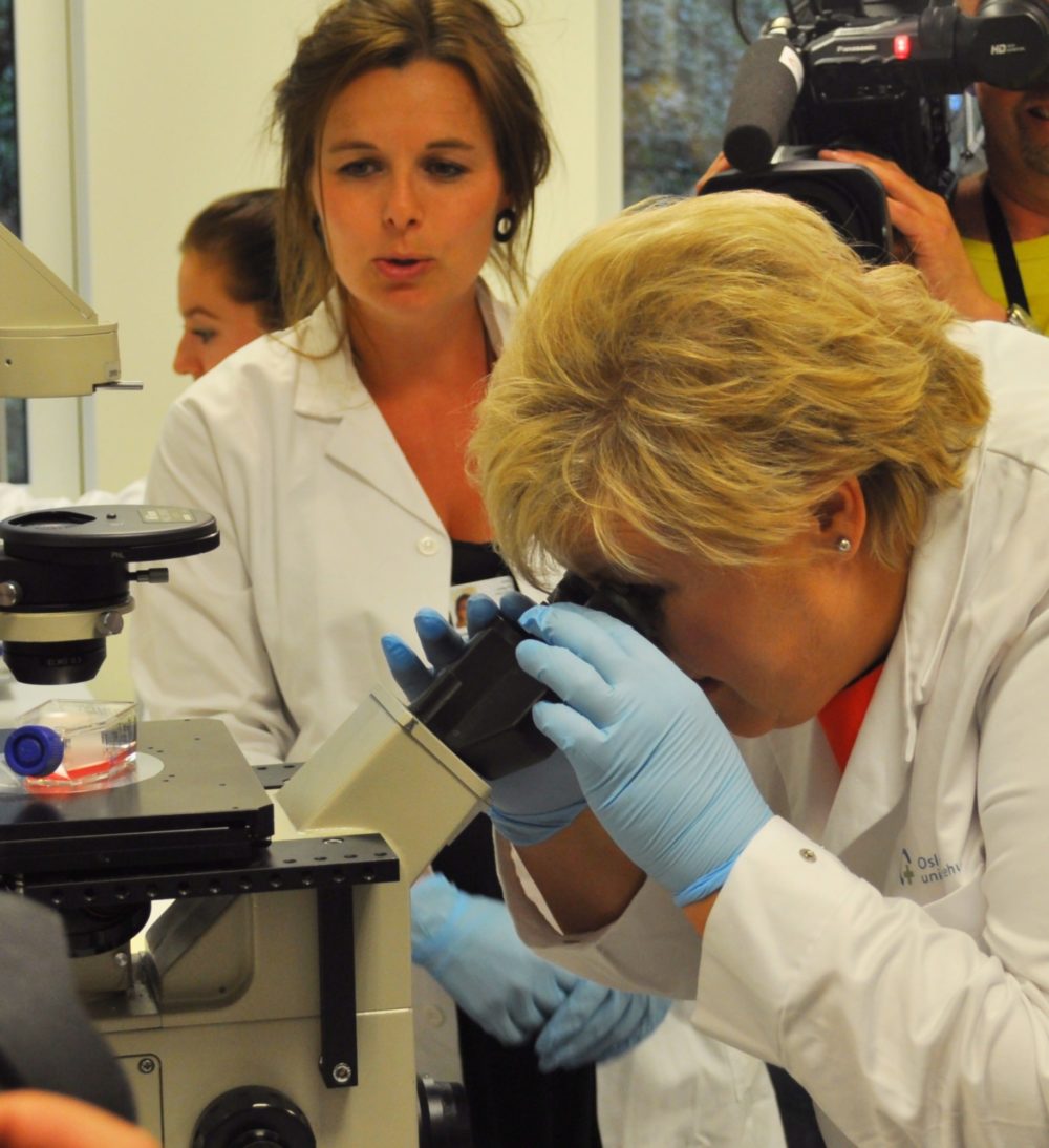 I Oslo Cancer Cluster Inkubator fikk statsministeren forsøke å drepe kreftceller ved hjelp av lys, en metodikk utviklet ved Institutt for Kreftforskning ved Radiumhospitalet, Oslo universitetssykehus.