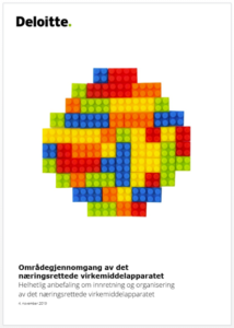 Bildet viser forsiden av Deloittes rapport «Områdegjennomgang av det næringsrettede virkemiddelapparatet»