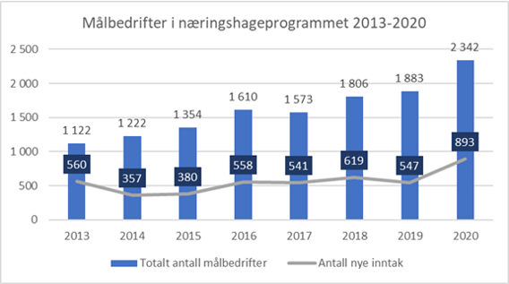 Bildet viser en graf over antall målbedrifter i næringshageprogrammet for perioden 2013-2020