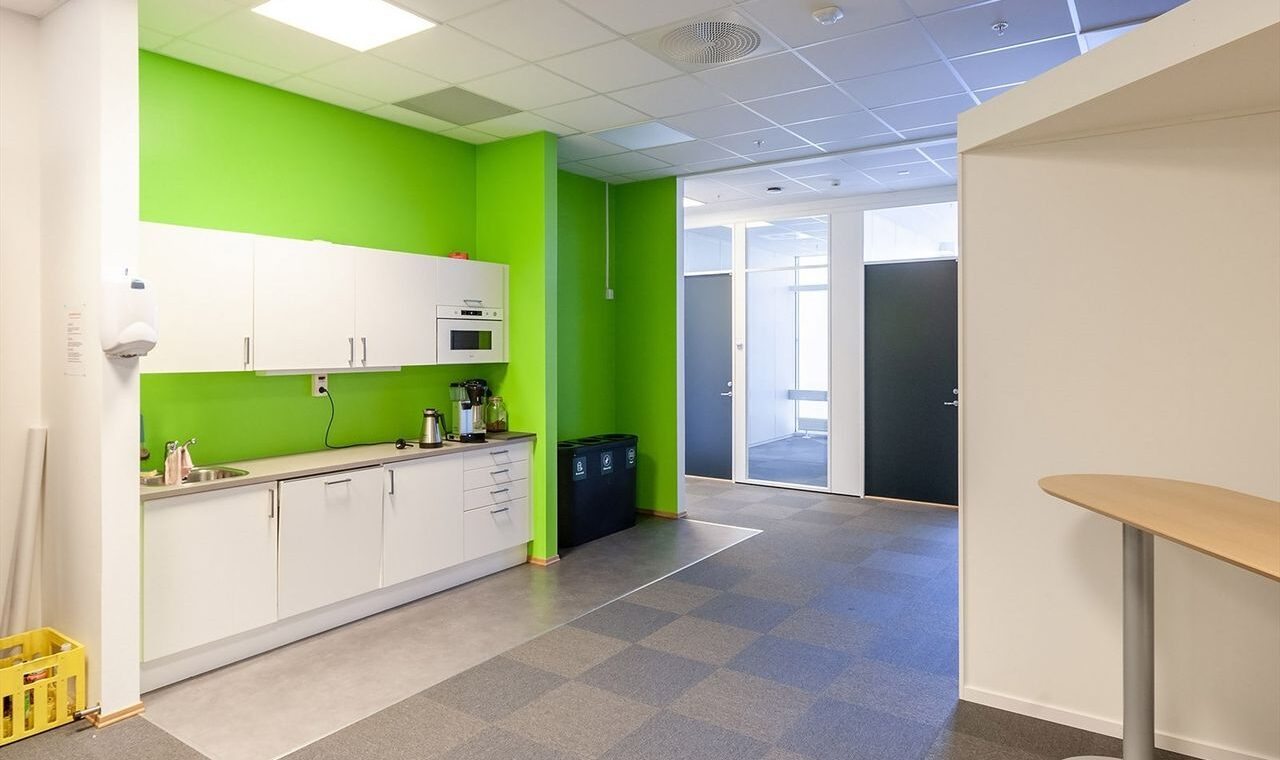 Bildet viser en kjøkkeninnredning med grønne vegger