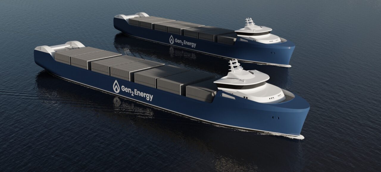Bildet viser to skip hvor lasten er komprimert hydrogen.