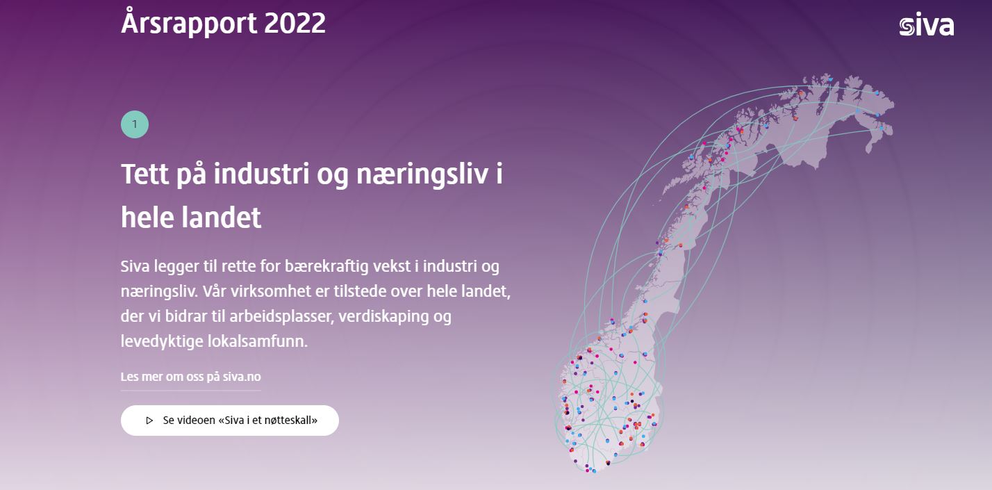 Skjermdump som viser et utsnitt av Siva sin årsrapport for 2022 med tekst og et norgeskart.