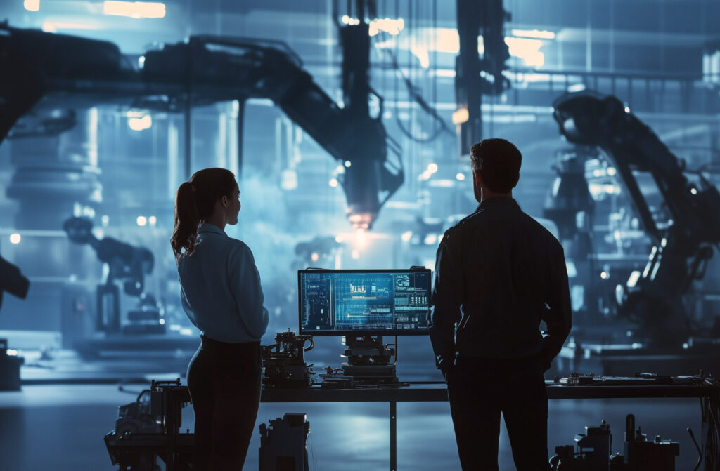 Bilde er et AI-generert bilde som viser to personer som står å ser på en pc-skjerm og hvor det er mange roboter i rommet.