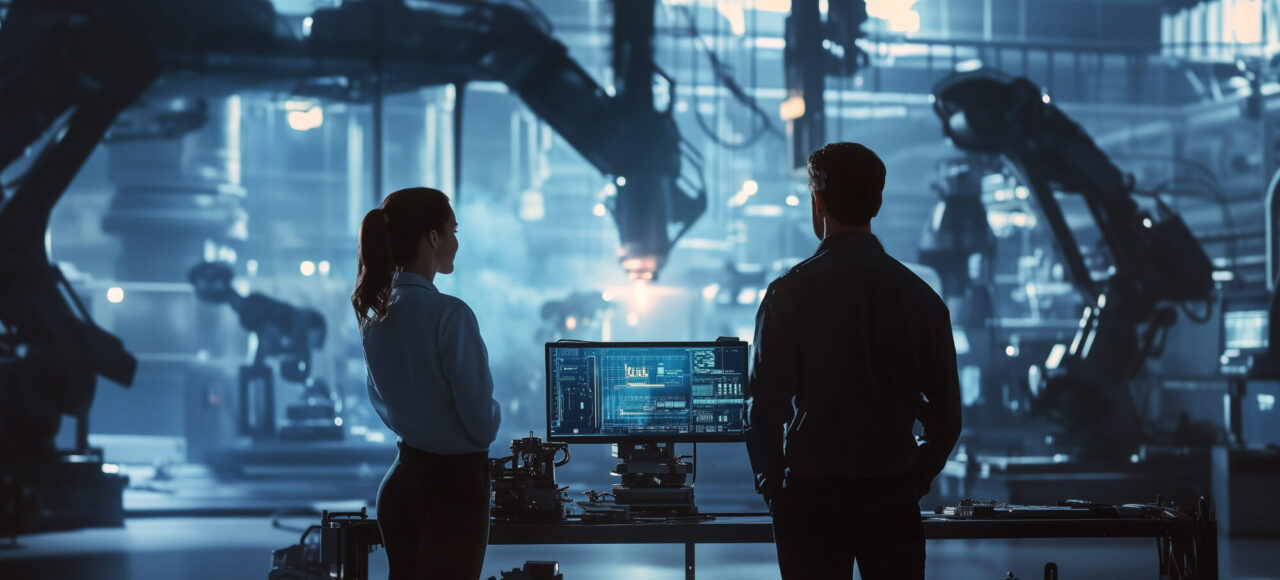 Bilde er et AI-generert bilde som viser to personer som står å ser på en pc-skjerm og hvor det er mange roboter i rommet.